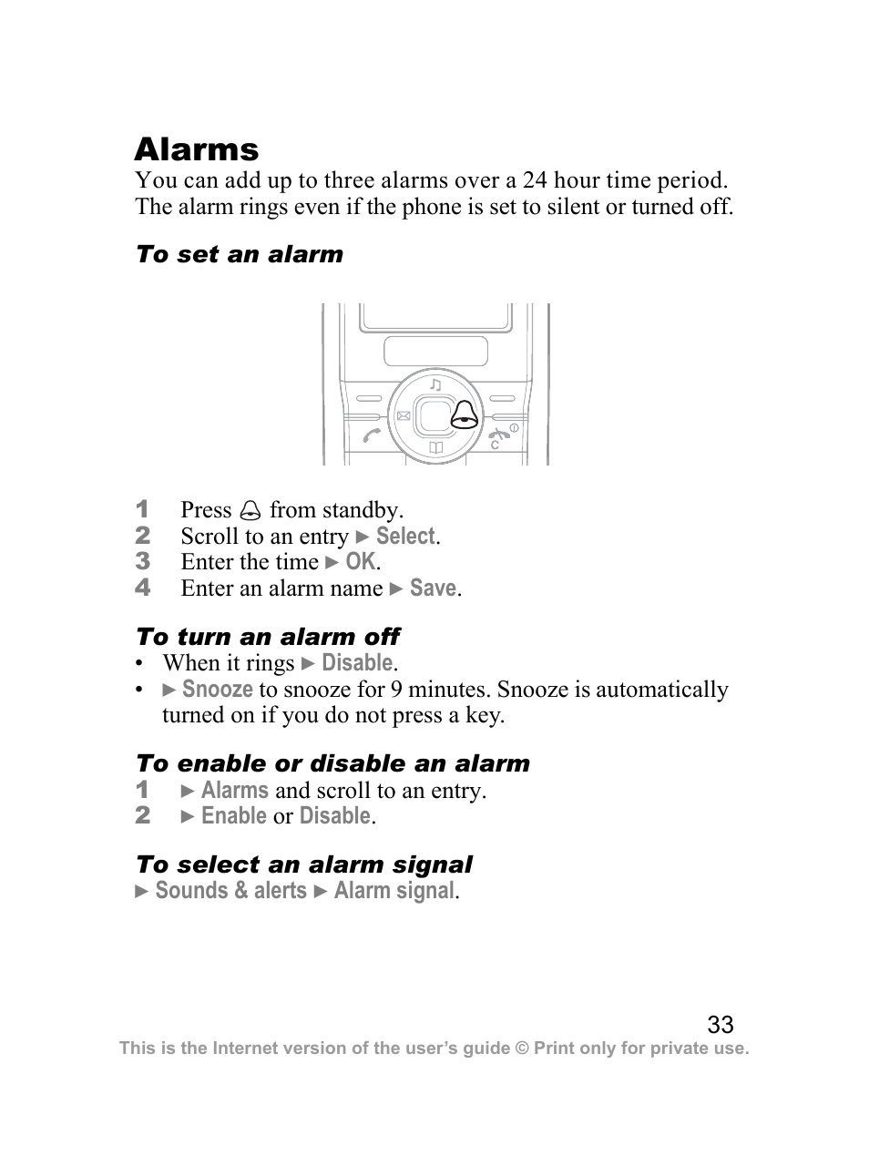 Alarms, An alarm is activated, 33 alarms | Sony Ericsson J100i User Manual | Page 34 / 69