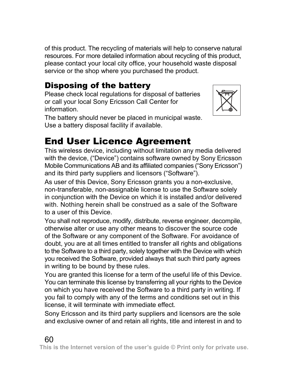 End user licence agreement | Sony Ericsson J100i User Manual | Page 61 / 69