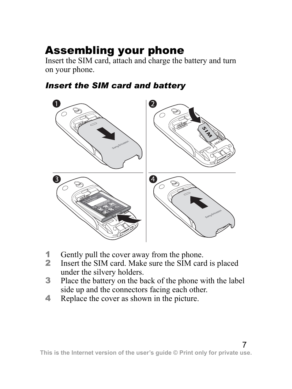 Assembling your phone | Sony Ericsson J100i User Manual | Page 8 / 69