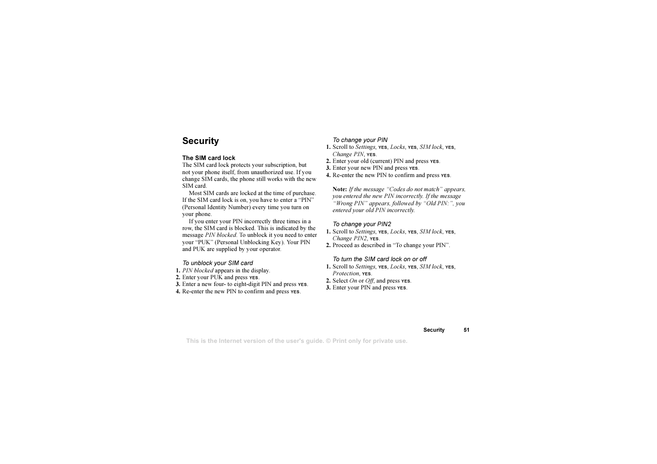 Security, Security 51 | Sony Ericsson 1102101-BV User Manual | Page 51 / 68