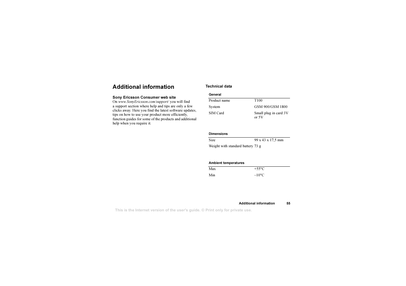 Additional information, Additional information 55 | Sony Ericsson 1102101-BV User Manual | Page 55 / 68