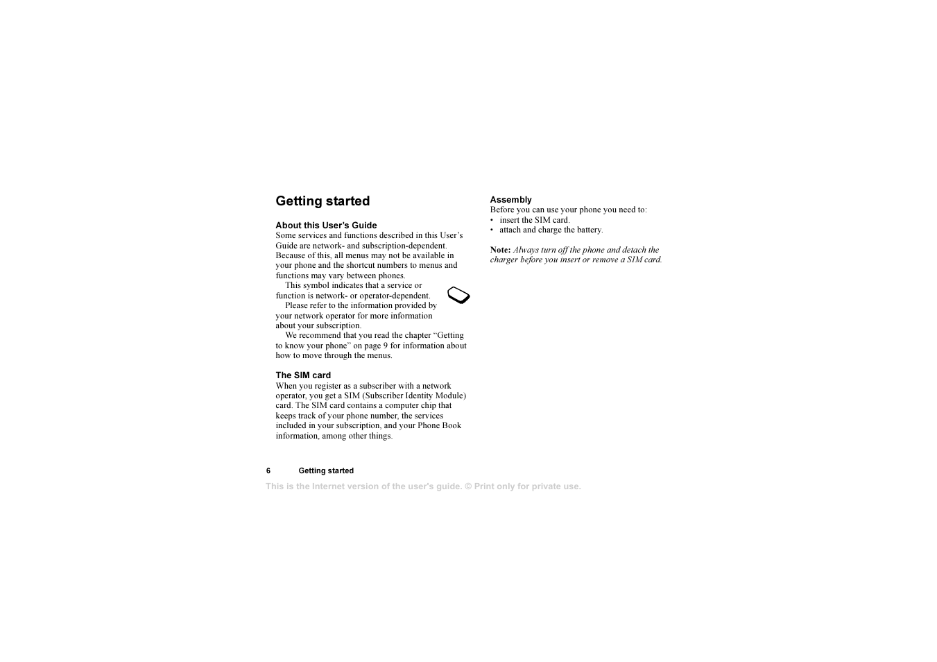 Getting started, Getting started 6 | Sony Ericsson 1102101-BV User Manual | Page 6 / 68