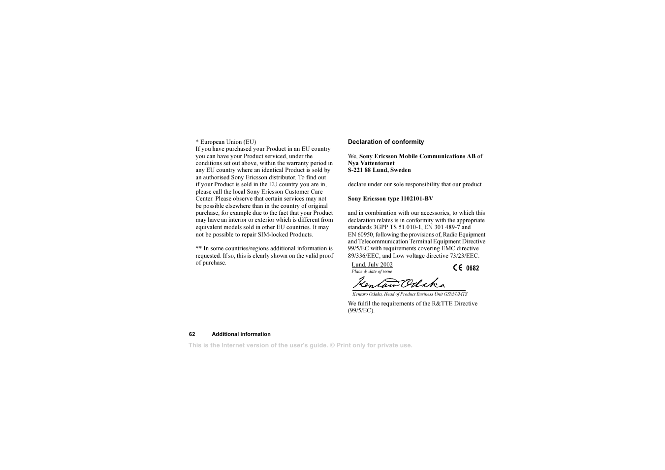 Sony Ericsson 1102101-BV User Manual | Page 62 / 68