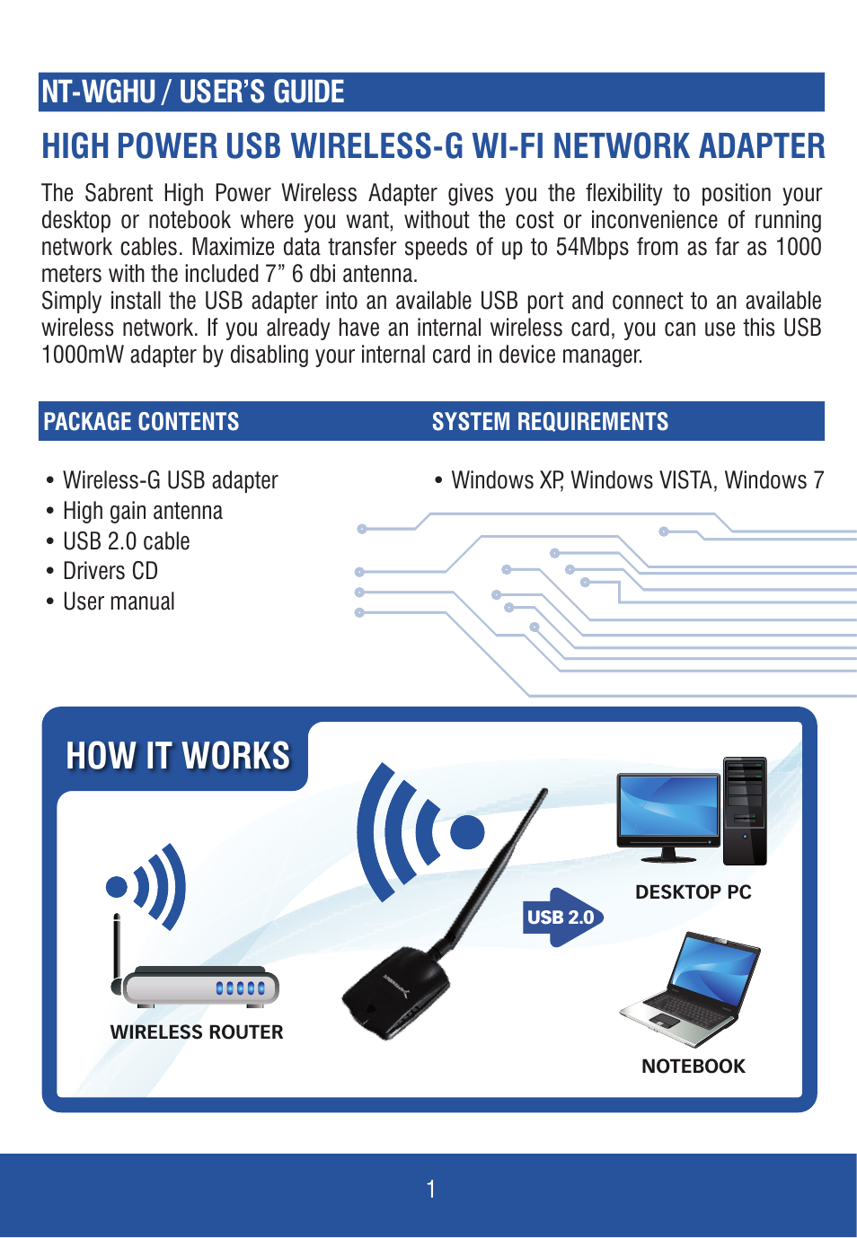 How it works, High power usb wireless-g wi-fi network adapter, Nt-wghu / user’s guide | Sabrent NT-WGHU User Manual | Page 2 / 4