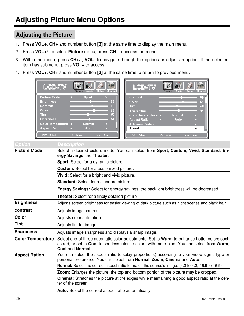 Adjusting picture menu options, Adjusting the picture | Star Trac FITNESS E-UBI User Manual | Page 26 / 52