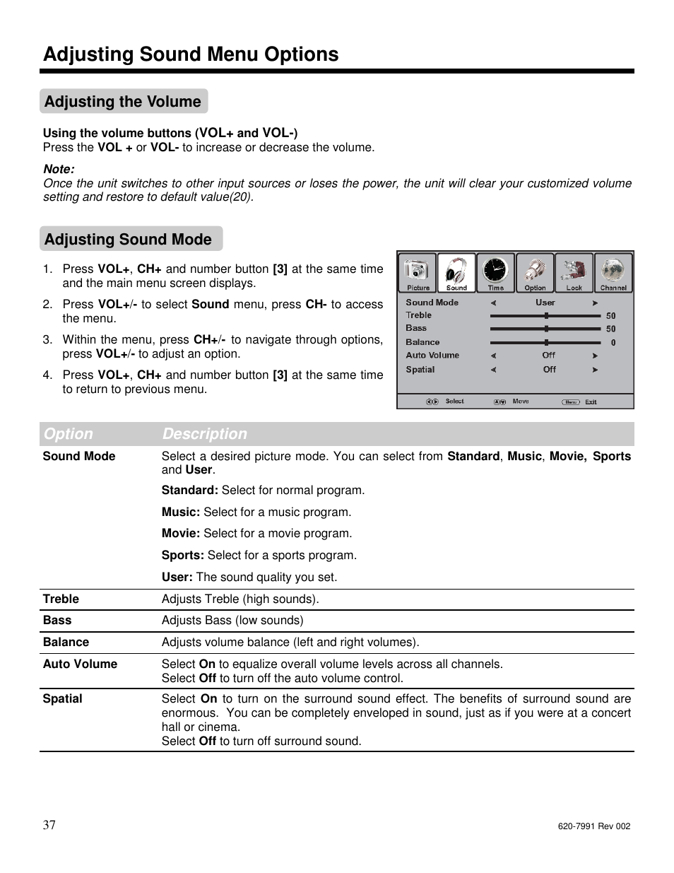 Adjusting sound menu options, Adjusting the volume, Option description | Adjusting sound mode | Star Trac FITNESS E-UBI User Manual | Page 37 / 52