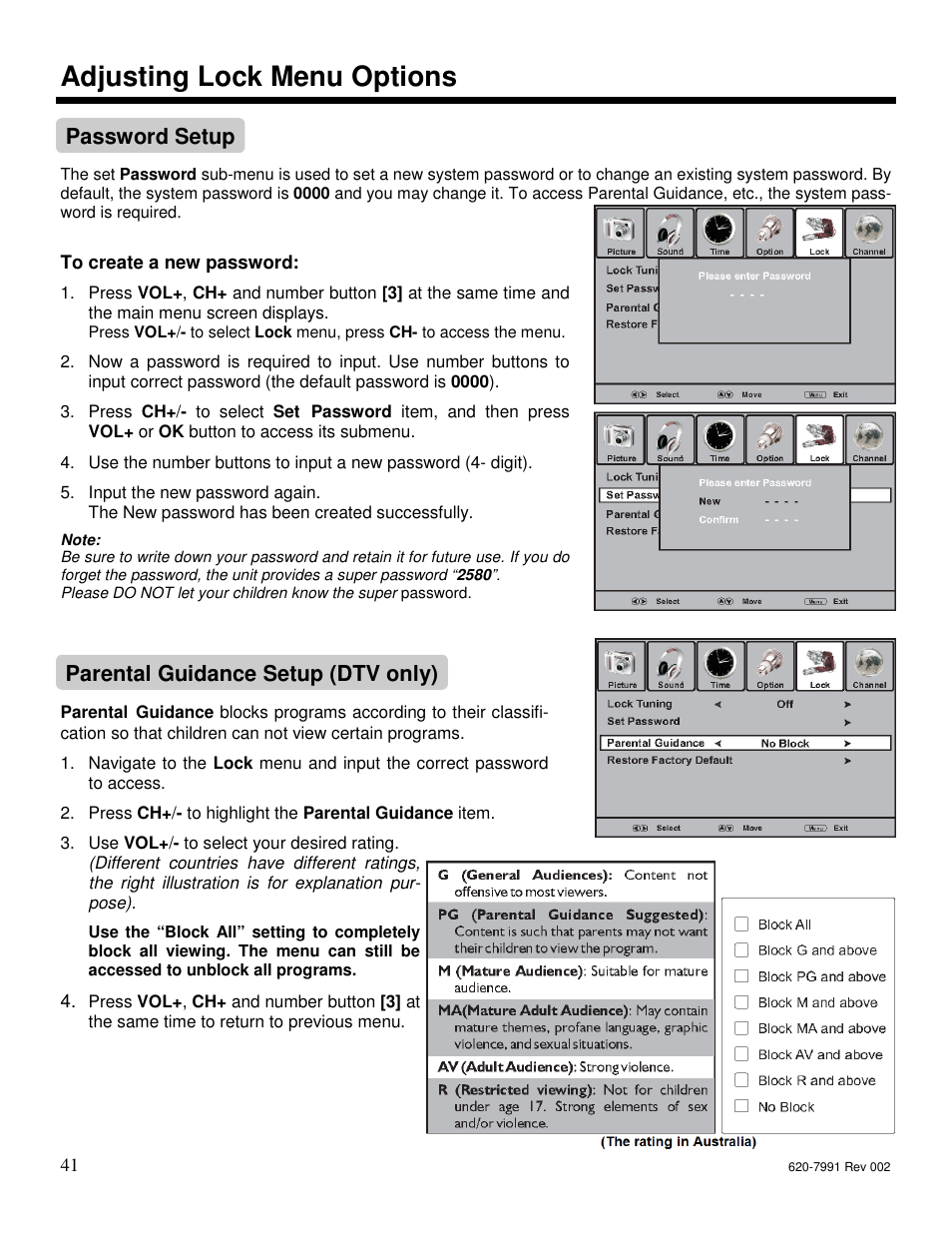 Adjusting lock menu options, Password setup, Parental guidance setup (dtv only) | Star Trac FITNESS E-UBI User Manual | Page 41 / 52