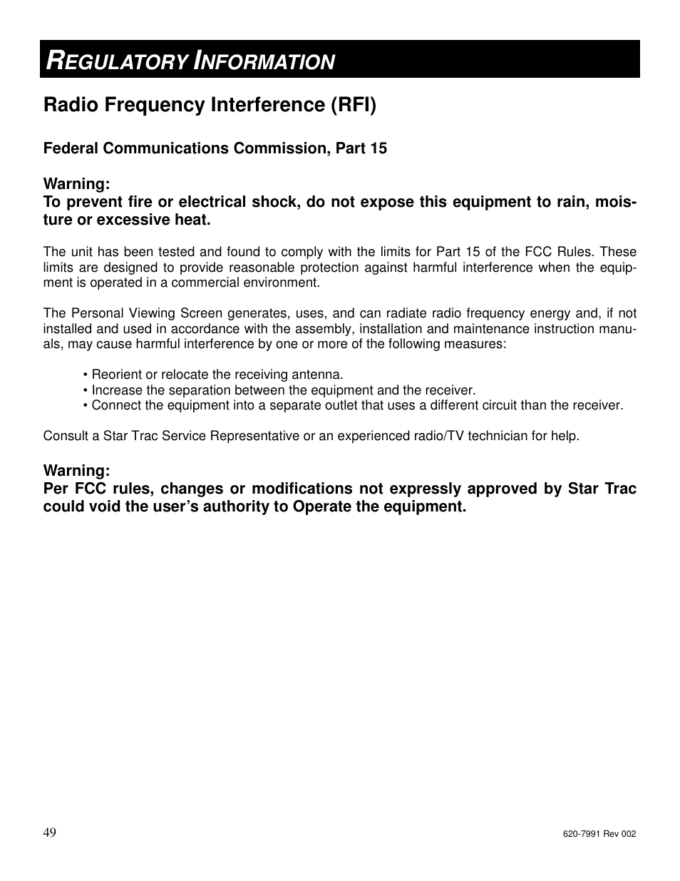 Egulatory, Nformation, Radio frequency interference (rfi) | Star Trac FITNESS E-UBI User Manual | Page 49 / 52