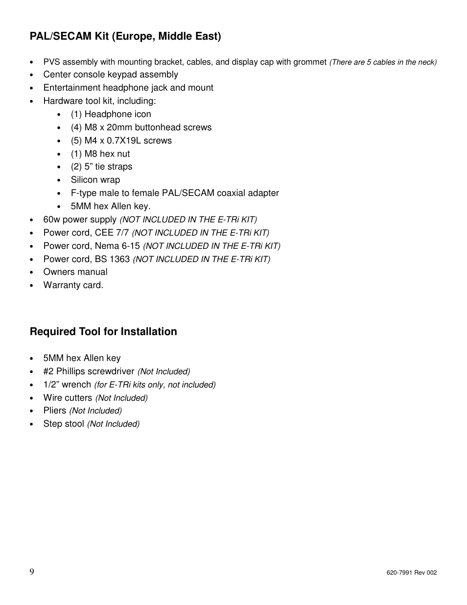 Pal/secam kit (europe, middle east), Required tool for installation | Star Trac FITNESS E-UBI User Manual | Page 9 / 52