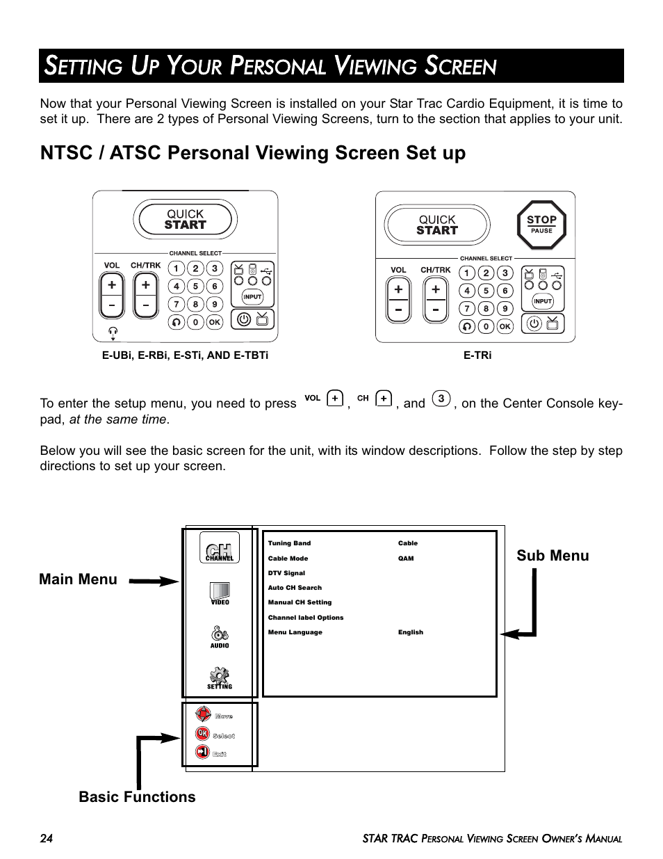 Ntsc / atsc personal viewing screen set up, Etting, Ersonal | Iewing, Creen | Star Trac E-TRi User Manual | Page 24 / 42