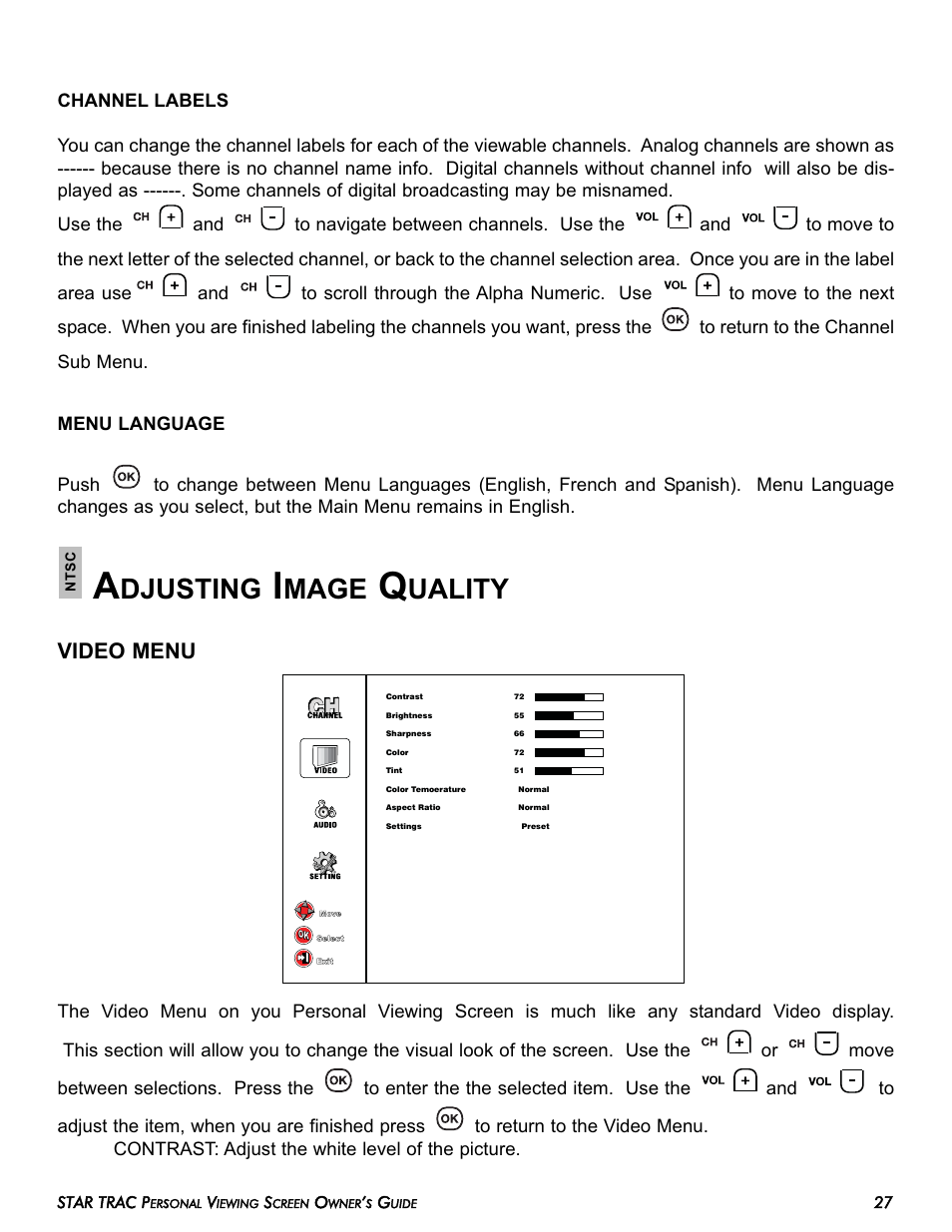 Djusting, Mage, Uality | Video menu | Star Trac E-TRi User Manual | Page 27 / 42