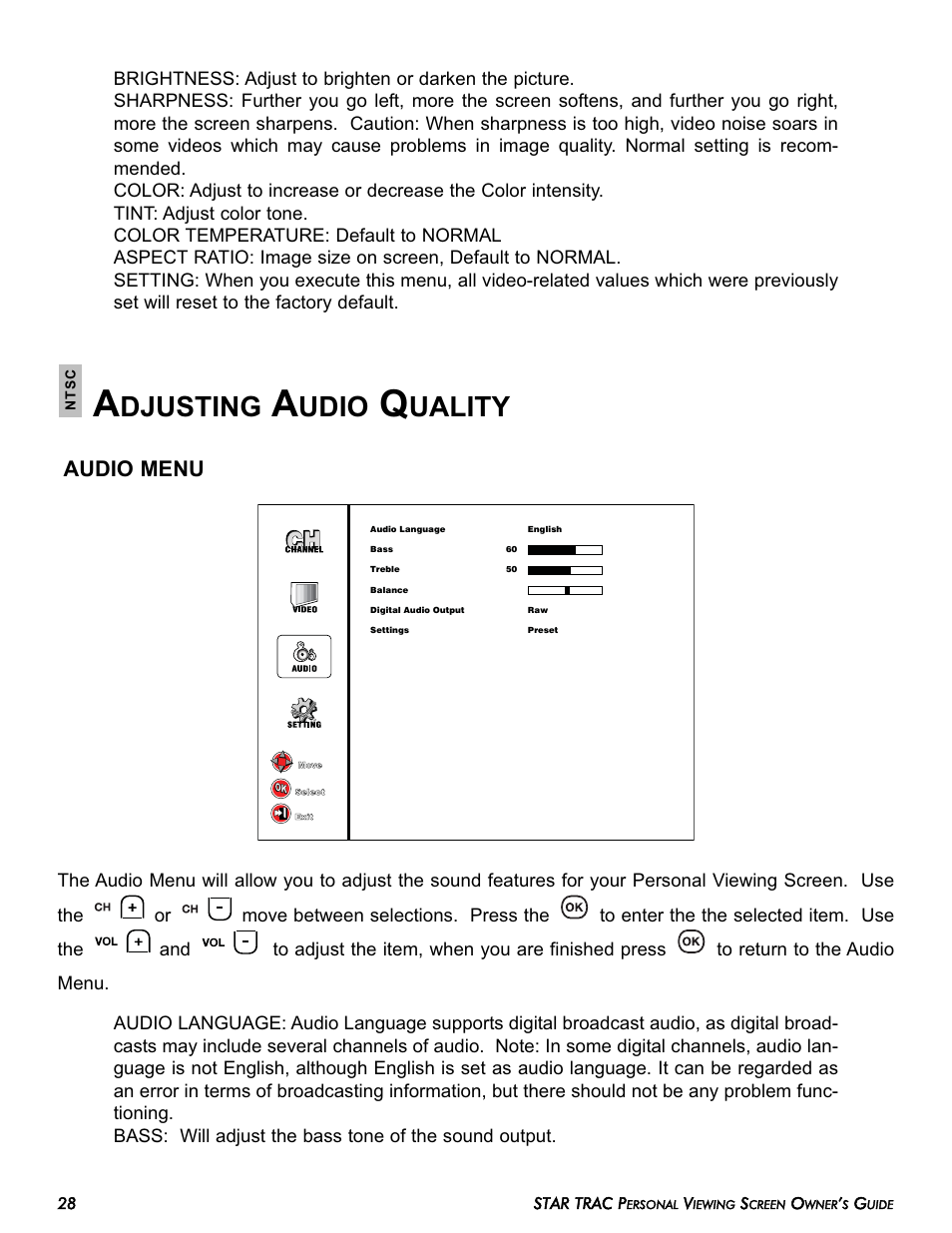 Djusting, Udio, Uality | Audio menu | Star Trac E-TRi User Manual | Page 28 / 42