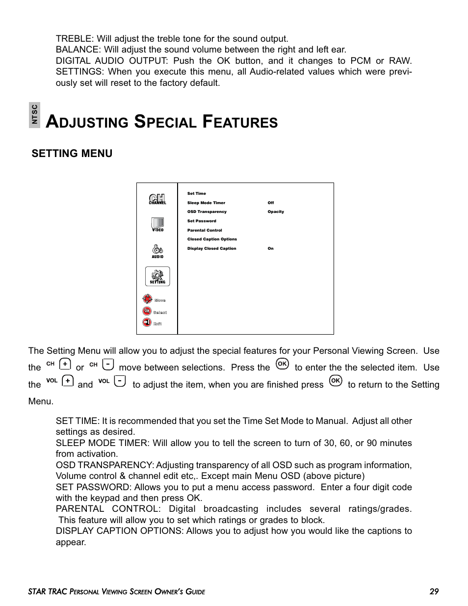 Djusting, Pecial, Eatures | Setting menu | Star Trac E-TRi User Manual | Page 29 / 42