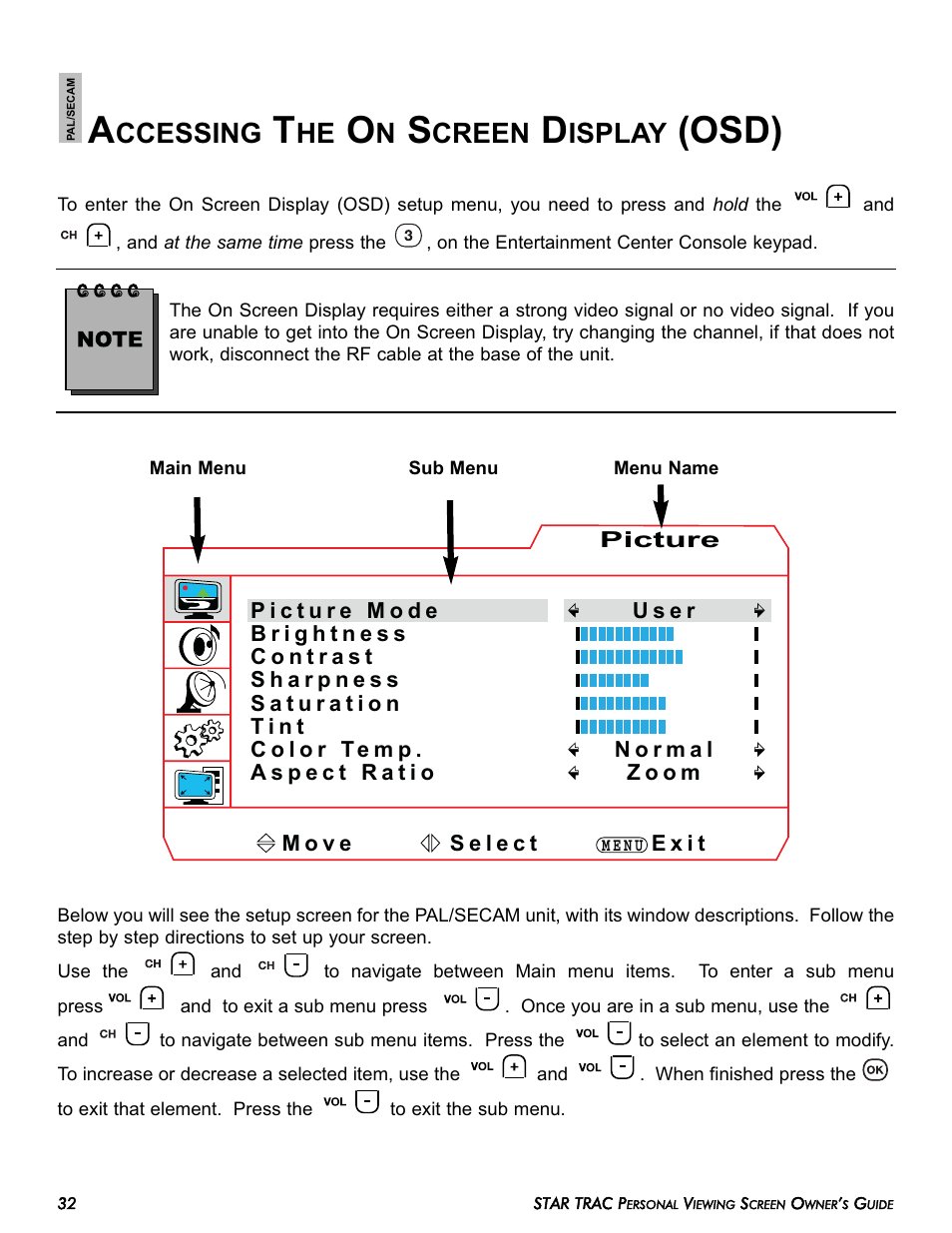 Osd), Ccessing, Creen | Isplay | Star Trac E-TRi User Manual | Page 32 / 42