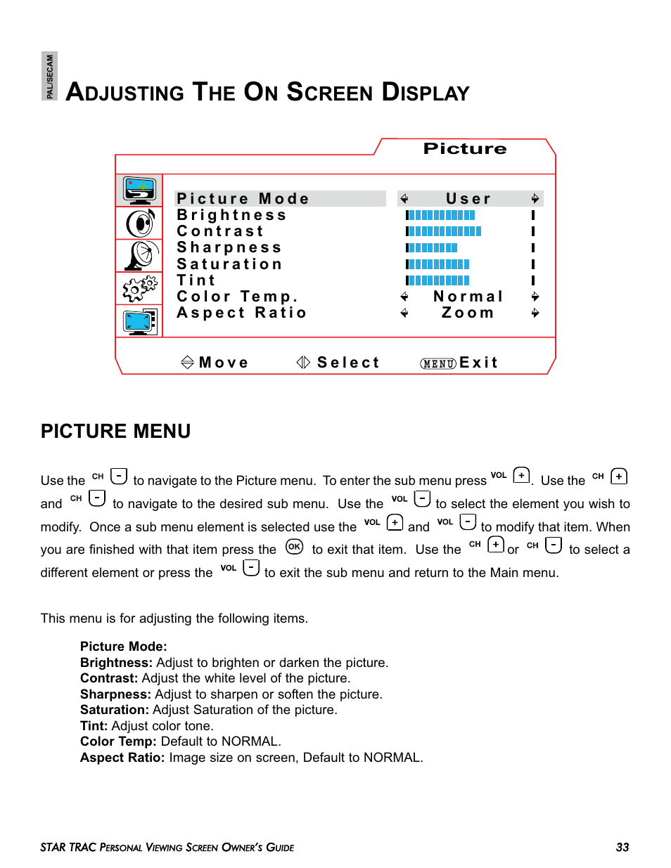 Djusting, Creen, Isplay picture menu | Star Trac E-TRi User Manual | Page 33 / 42