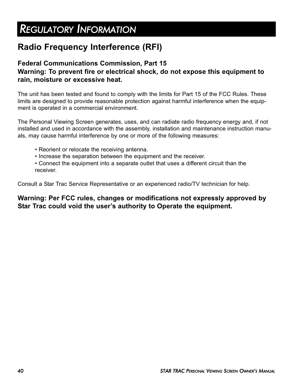 Egulatory, Nformation radio frequency interference (rfi) | Star Trac E-TRi User Manual | Page 40 / 42