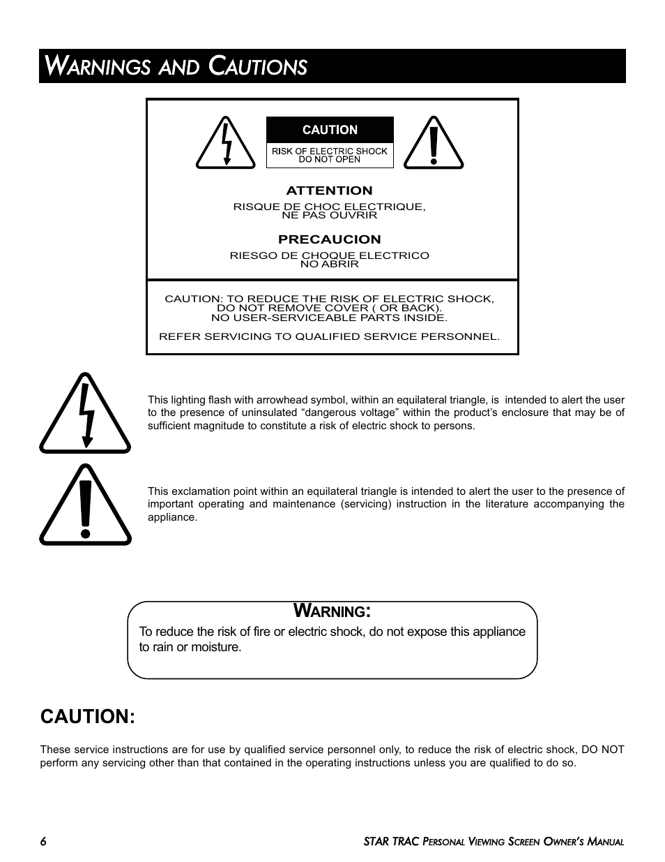 Caution, Arnings and, Autions | Star Trac E-TRi User Manual | Page 6 / 42