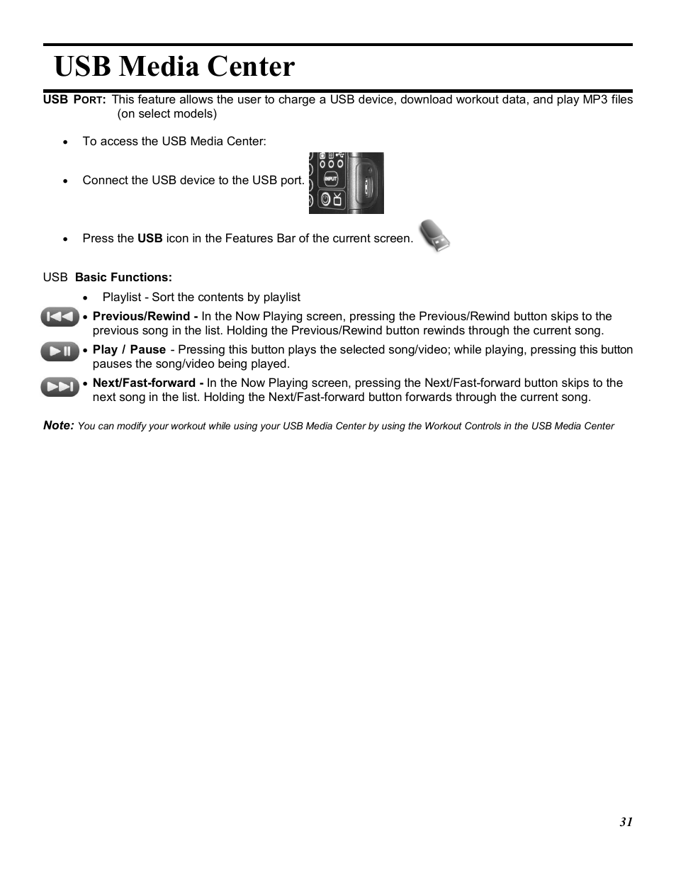 Usb media center | Star Trac E-TRXE User Manual | Page 31 / 42