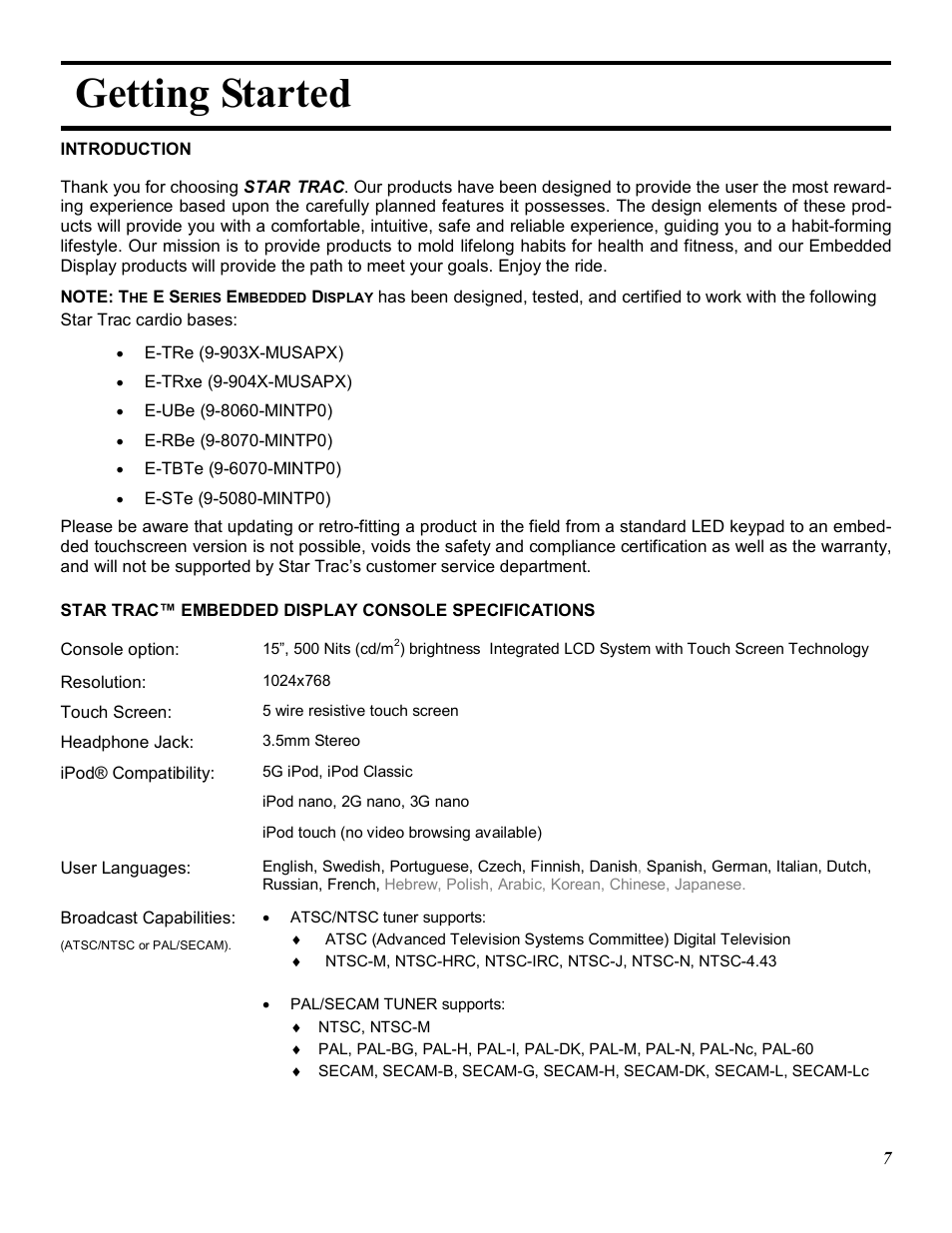 Getting started | Star Trac E-TRXE User Manual | Page 7 / 42