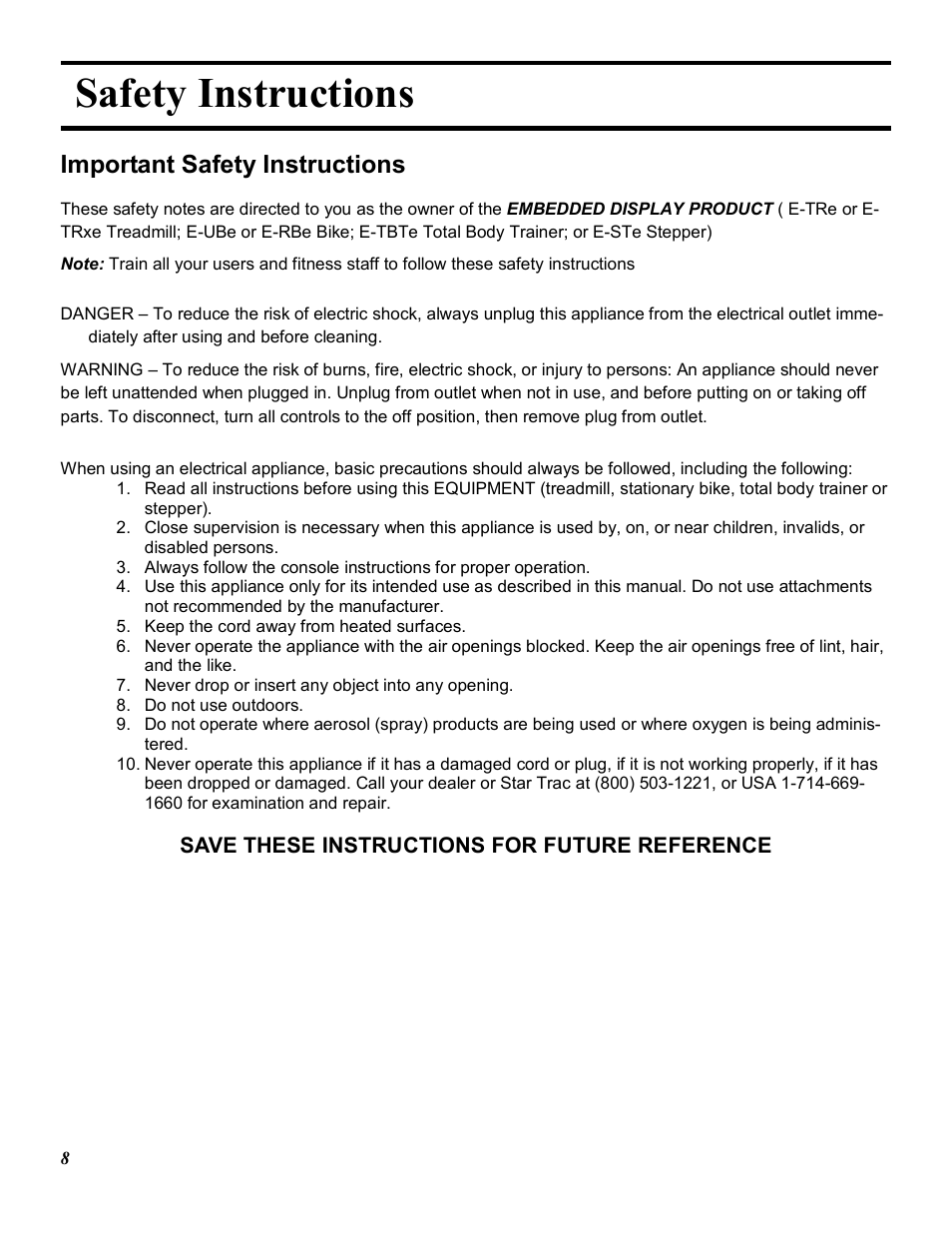 Safety instructions, Important safety instructions | Star Trac E-TRXE User Manual | Page 8 / 42