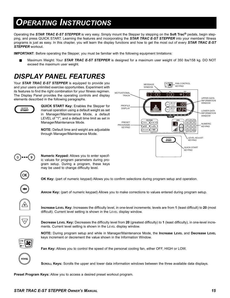 Display panel features, Perating, Nstructions | Star Trac E SERIES STEPPER E-ST User Manual | Page 15 / 30