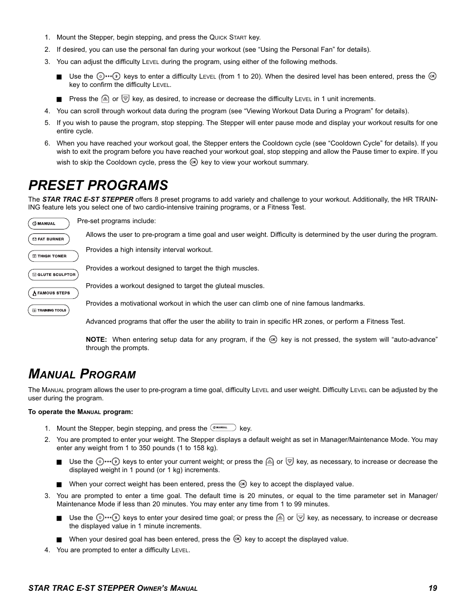 Preset programs, Anual, Rogram | Star Trac E SERIES STEPPER E-ST User Manual | Page 19 / 30