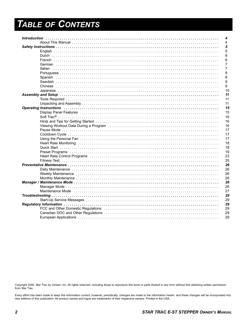 Able of, Ontents | Star Trac E SERIES STEPPER E-ST User Manual | Page 2 / 30