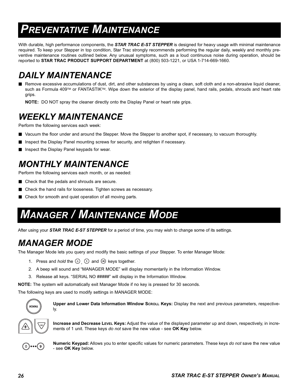 Reventative, Aintenance, Daily maintenance | Weekly maintenance, Monthly maintenance, Anager, Manager mode | Star Trac E SERIES STEPPER E-ST User Manual | Page 26 / 30