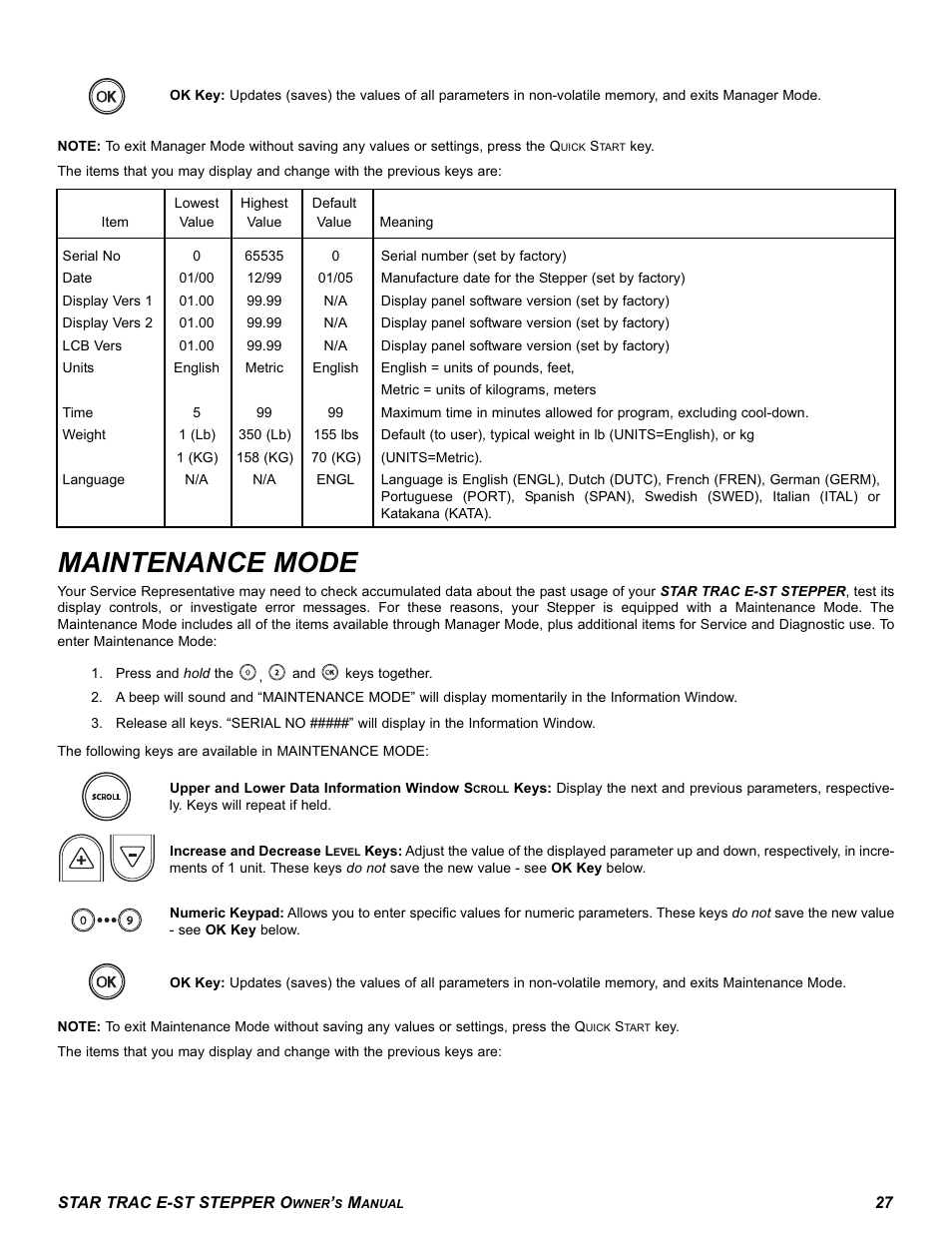 Maintenance mode | Star Trac E SERIES STEPPER E-ST User Manual | Page 27 / 30