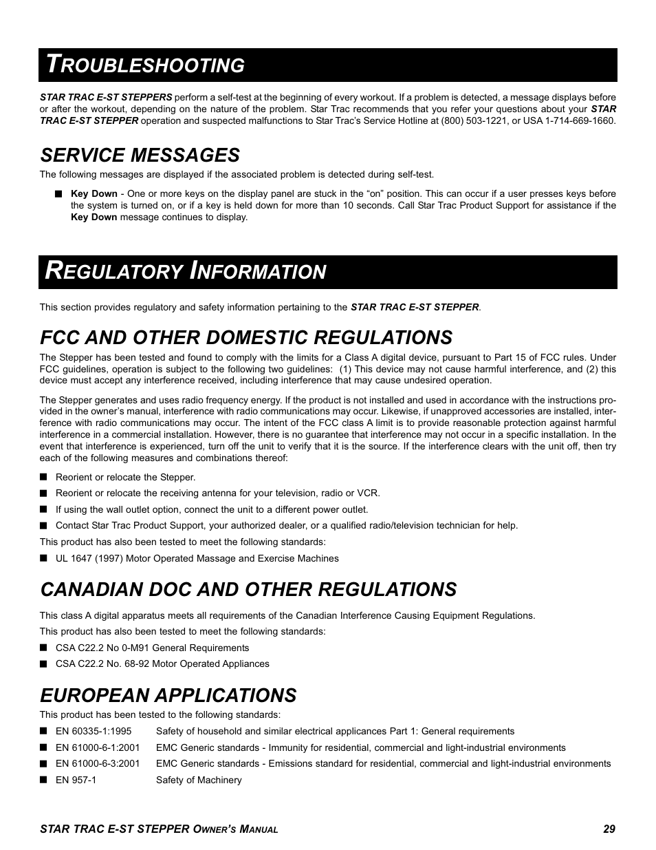 Fcc and other domestic regulations, Canadian doc and other regulations, European applications | Service messages, Roubleshooting, Egulatory, Nformation | Star Trac E SERIES STEPPER E-ST User Manual | Page 29 / 30