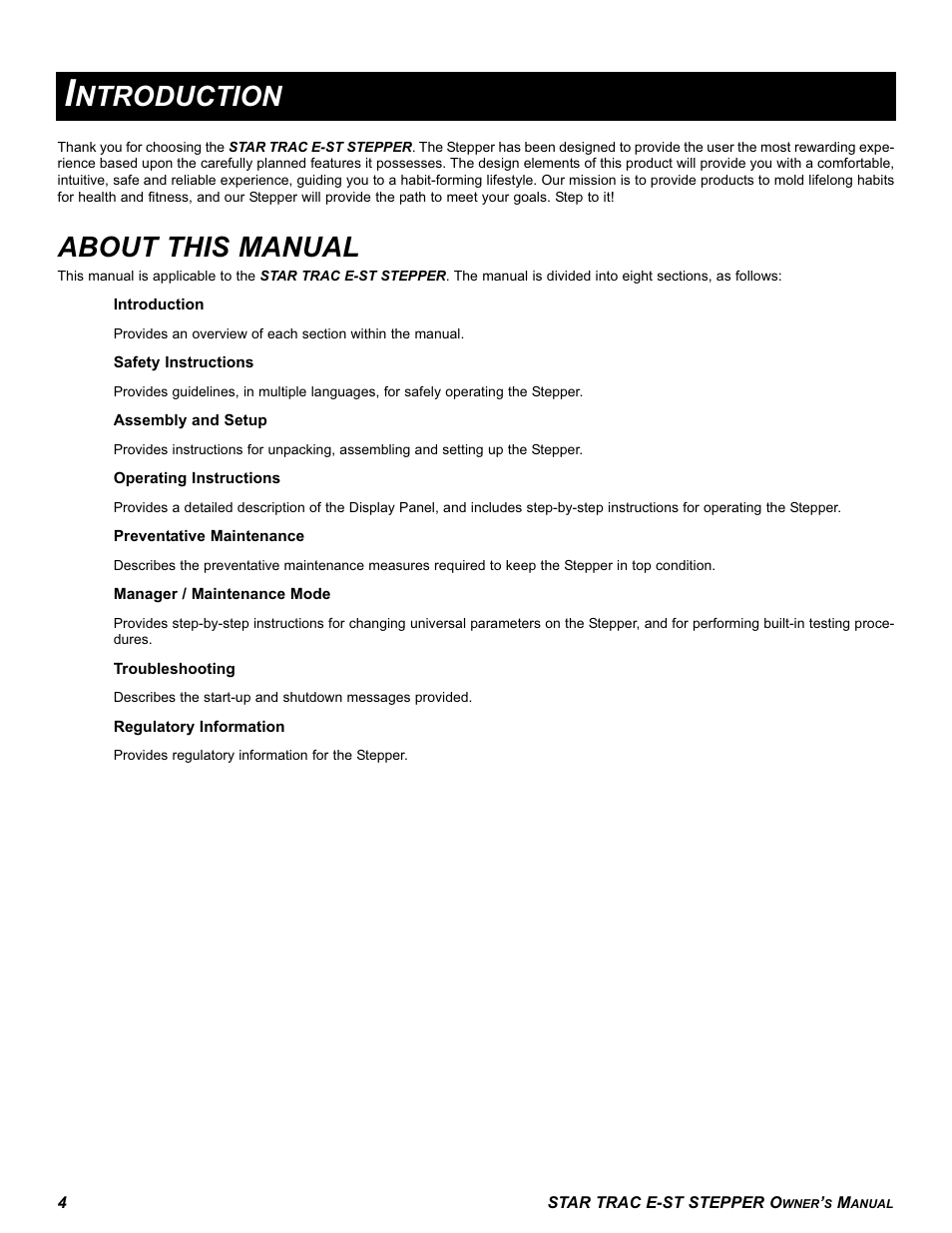 About this manual, Ntroduction | Star Trac E SERIES STEPPER E-ST User Manual | Page 4 / 30
