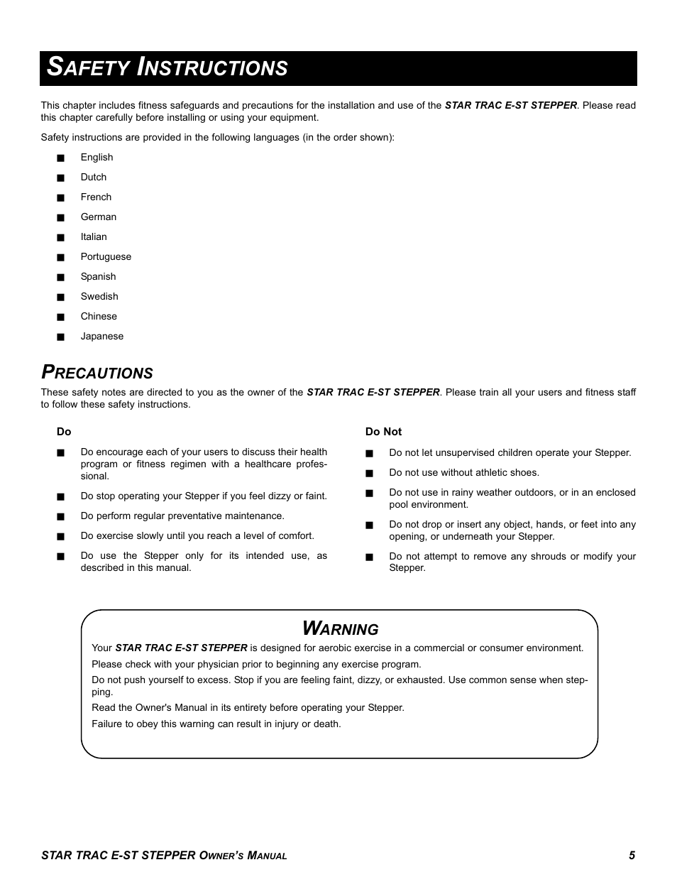 Afety, Nstructions, Recautions | Arning | Star Trac E SERIES STEPPER E-ST User Manual | Page 5 / 30