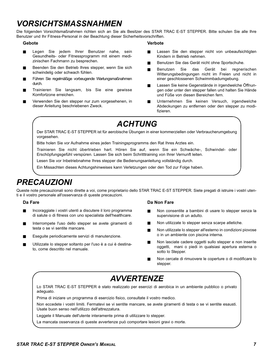 Vorsichtsmassnahmen, Precauzioni, Achtung | Avvertenze | Star Trac E SERIES STEPPER E-ST User Manual | Page 7 / 30
