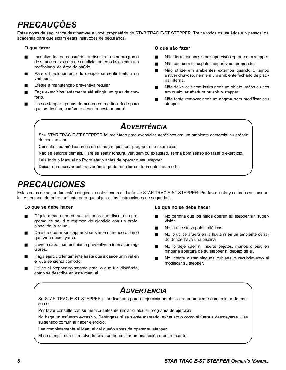 Precauções, Precauciones, Dvertência | Dvertencia | Star Trac E SERIES STEPPER E-ST User Manual | Page 8 / 30