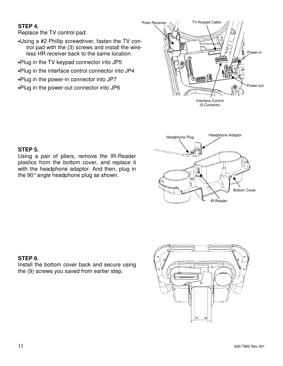 Step 4. replace the tv control pad, Plug in the tv keypad connector into jp5, Plug in the interface control connector into | Plug in the power-in connector into jp7 | Star Trac S-UBX User Manual | Page 11 / 44