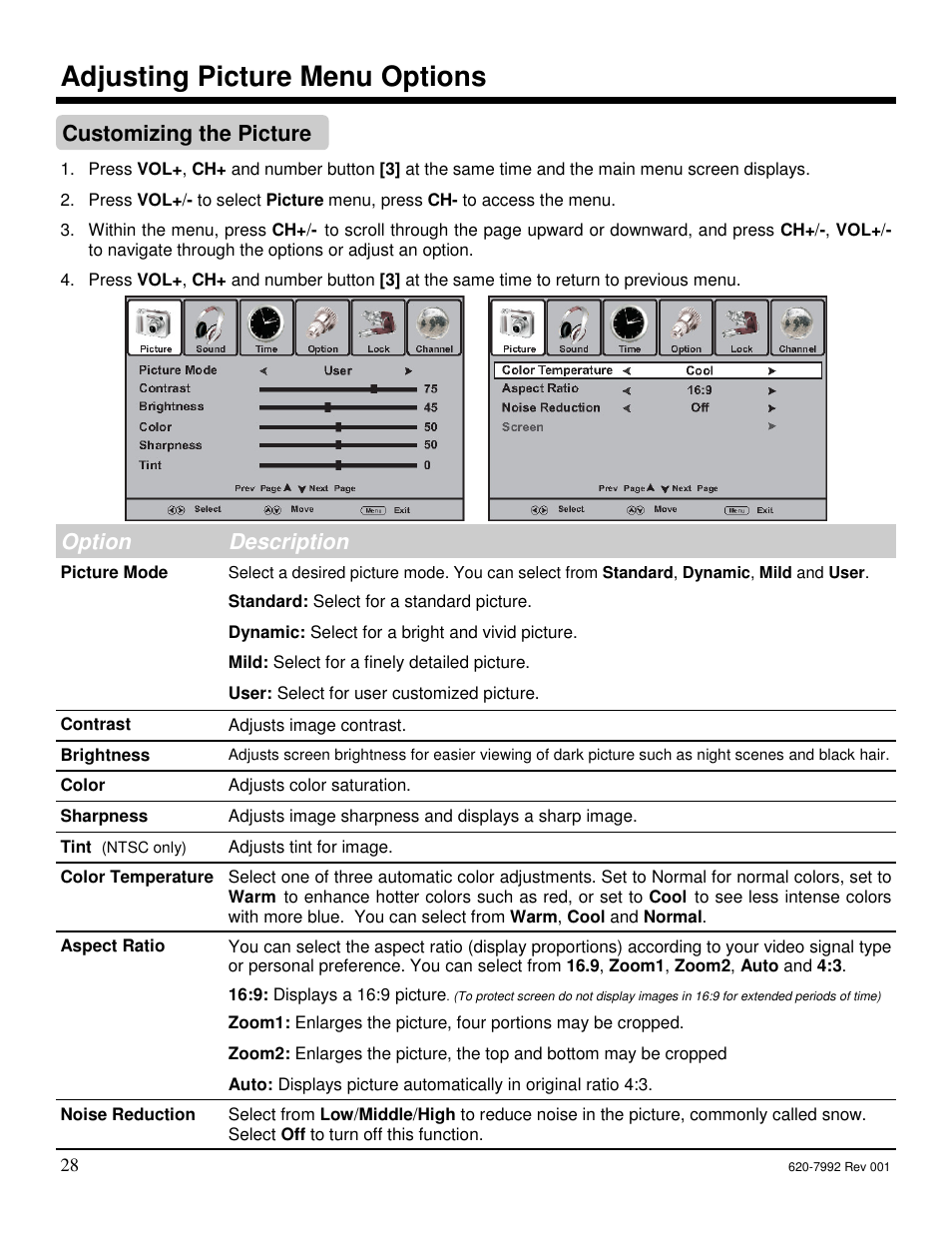 Adjusting picture menu options, Customizing the picture, Option description | Star Trac S-UBX User Manual | Page 28 / 44