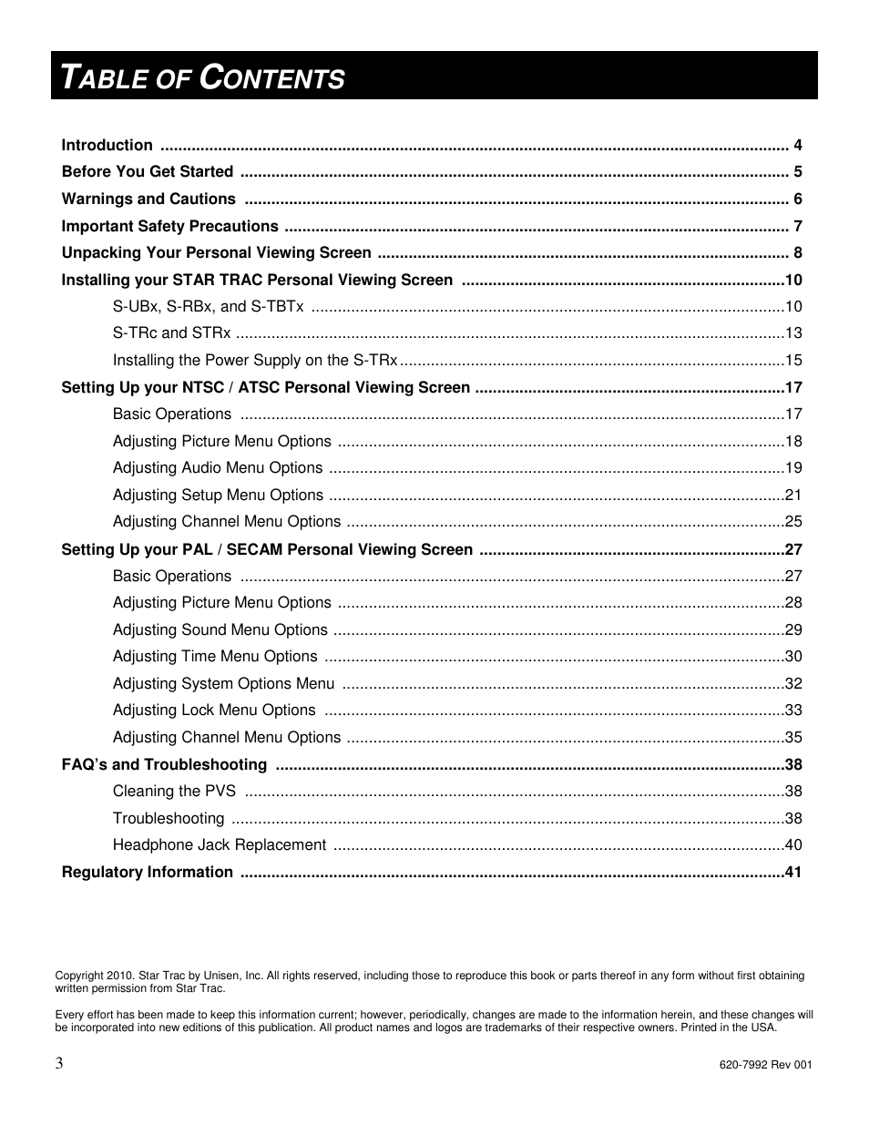 Able of, Ontents | Star Trac S-UBX User Manual | Page 3 / 44