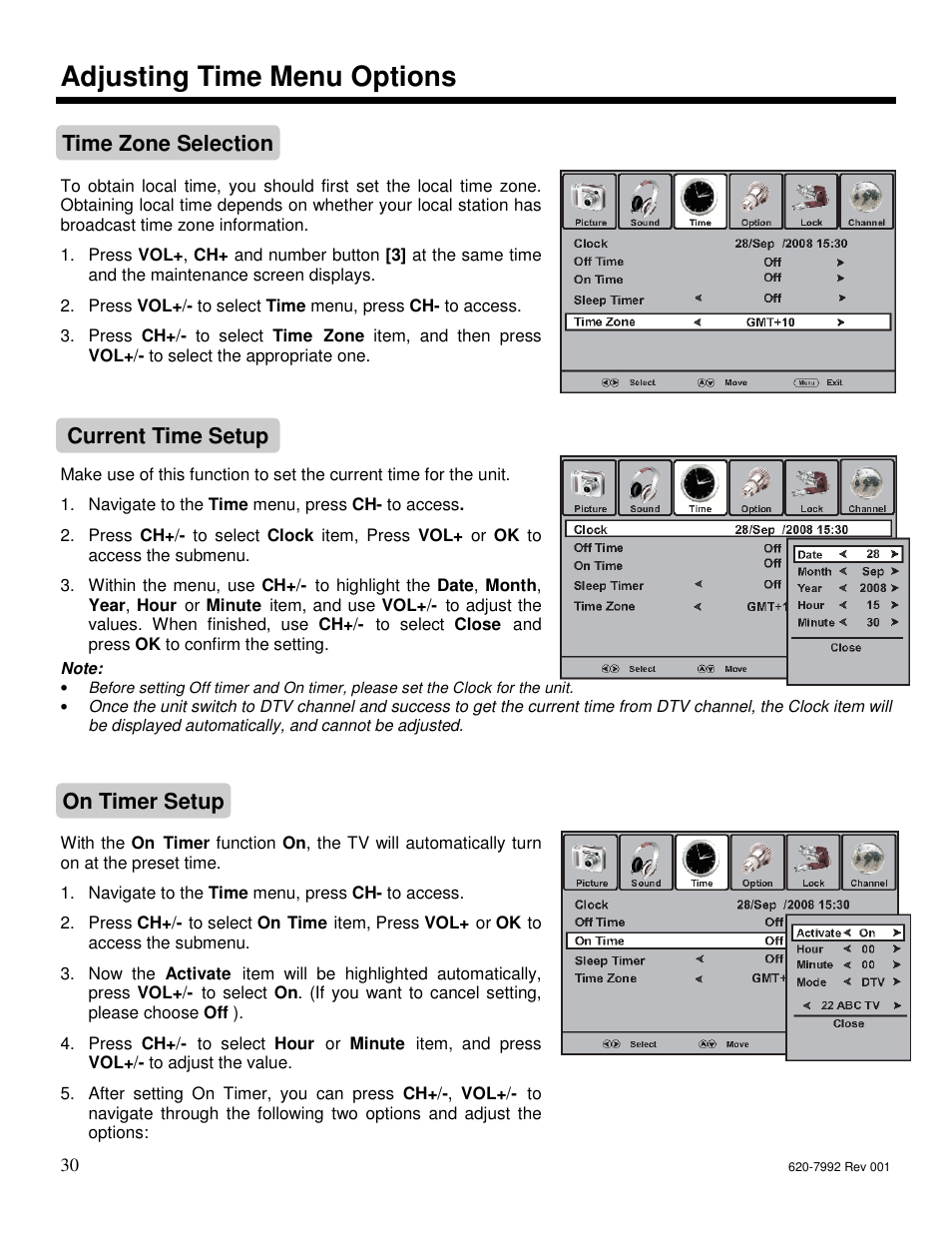 Adjusting time menu options, Time zone selection, Current time setup | On timer setup | Star Trac S-UBX User Manual | Page 30 / 44