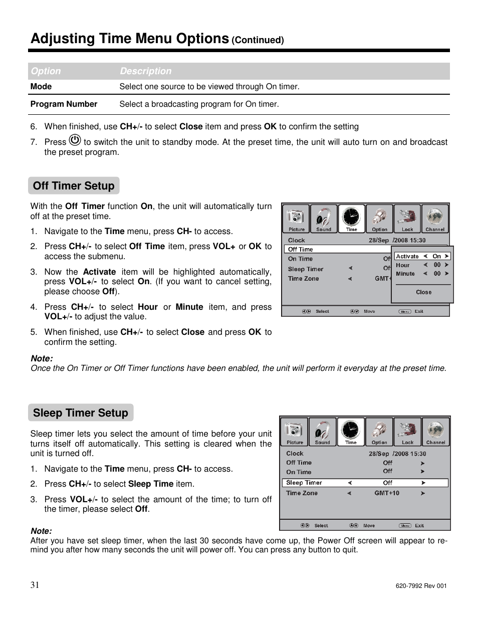 Adjusting time menu options, Sleep timer setup, Off timer setup | Star Trac S-UBX User Manual | Page 31 / 44