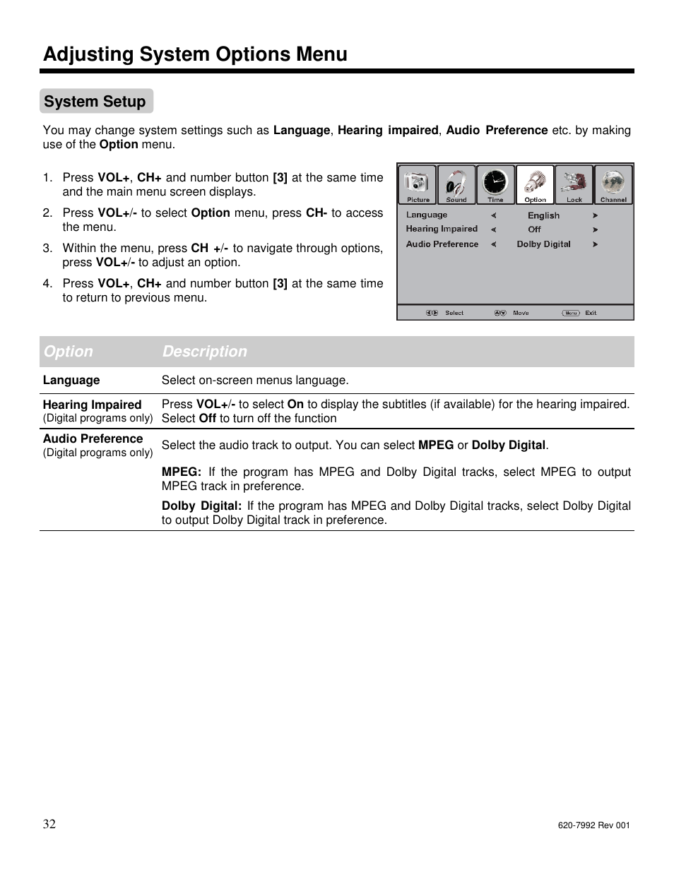 Adjusting system options menu, System setup option description | Star Trac S-UBX User Manual | Page 32 / 44