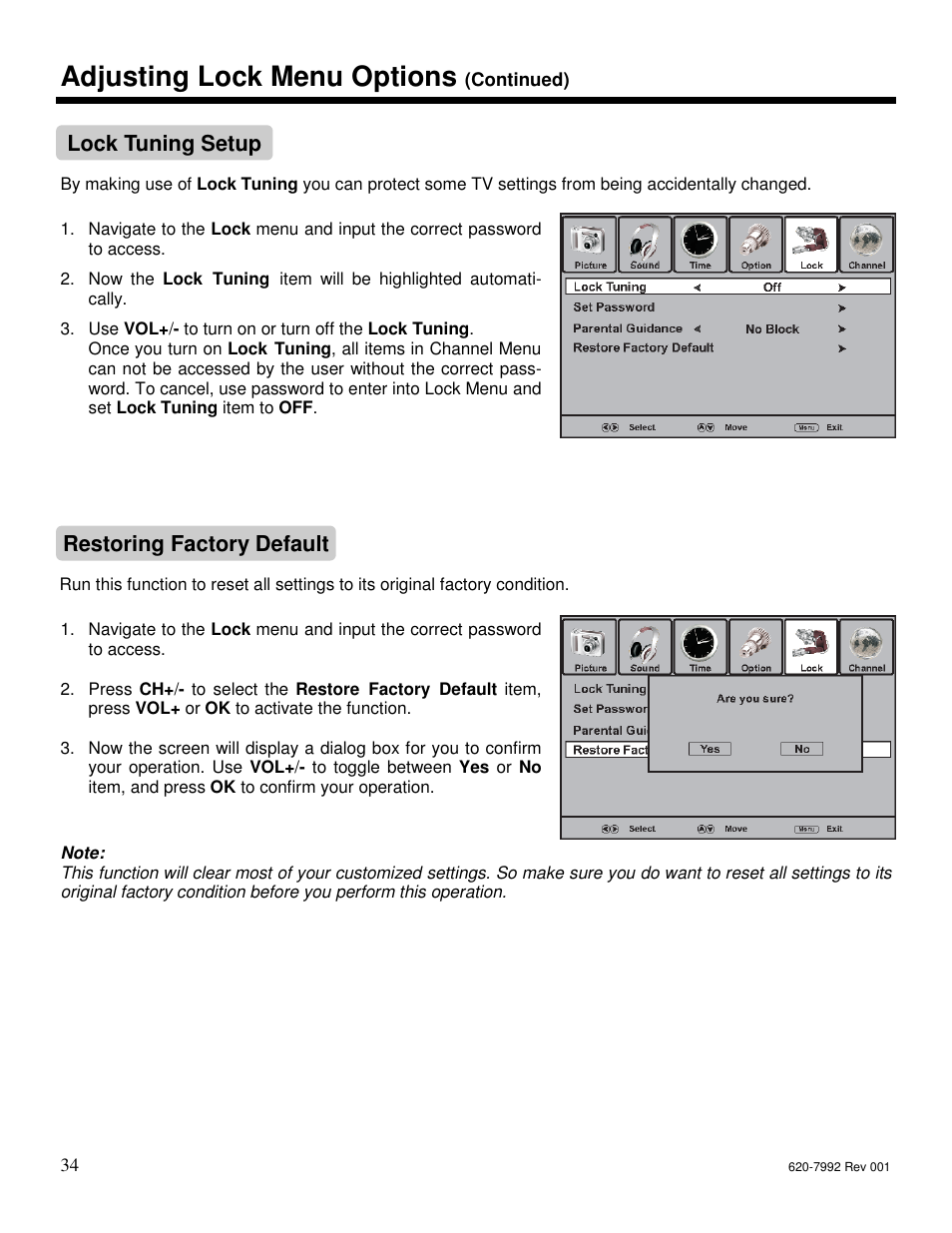 Adjusting lock menu options, Lock tuning setup, Restoring factory default | Star Trac S-UBX User Manual | Page 34 / 44