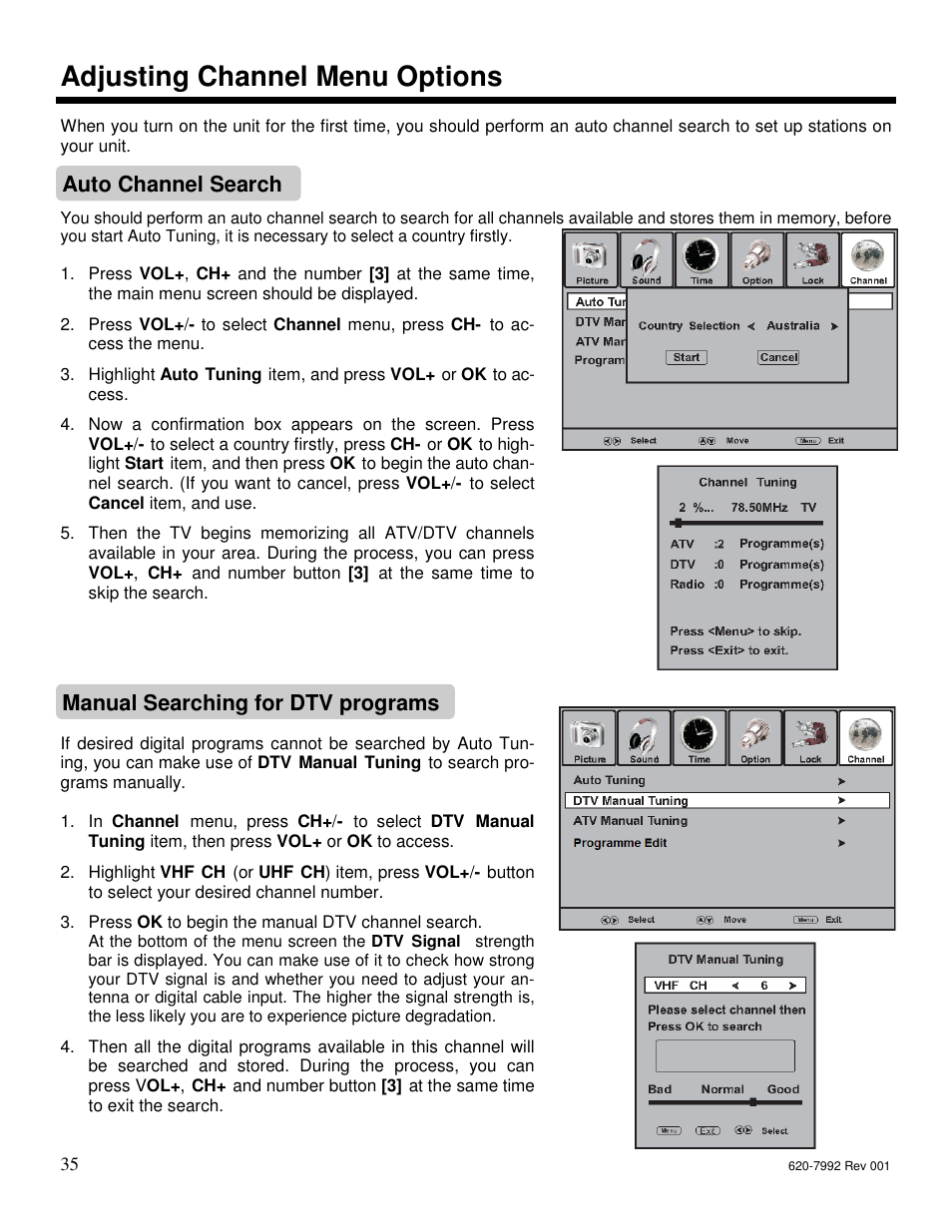 Adjusting channel menu options, Auto channel search, Manual searching for dtv programs | Star Trac S-UBX User Manual | Page 35 / 44