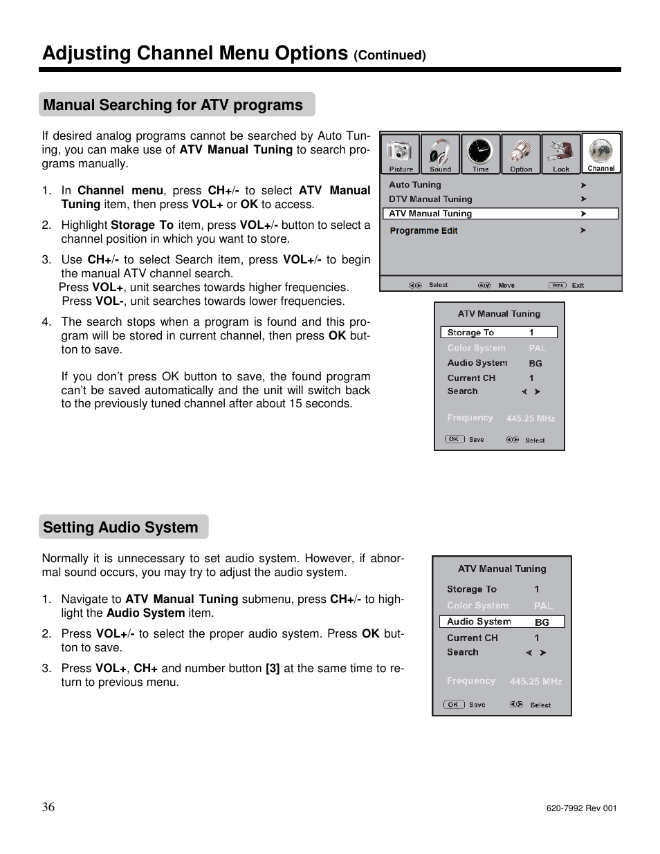 Adjusting channel menu options, Manual searching for atv programs, Setting audio system | Star Trac S-UBX User Manual | Page 36 / 44