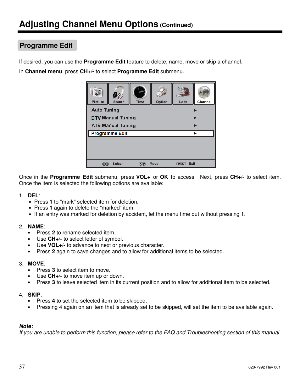 Adjusting channel menu options, Programme edit | Star Trac S-UBX User Manual | Page 37 / 44