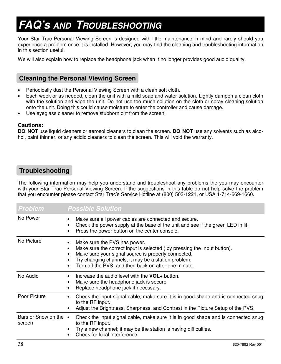 Faq’s, Roubleshooting, Cleaning the personal viewing screen | Troubleshooting problem possible solution | Star Trac S-UBX User Manual | Page 38 / 44