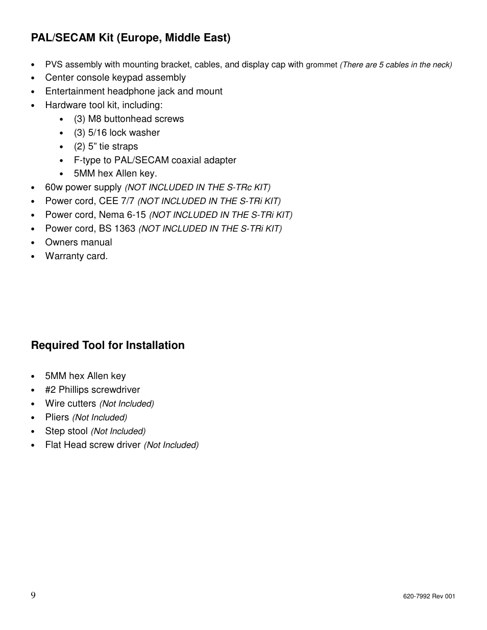 Pal/secam kit (europe, middle east), Required tool for installation | Star Trac S-UBX User Manual | Page 9 / 44