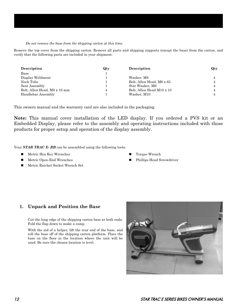 E-rb, Ssembly and, Etup | Unpacking, Assembly, Ools, Equired | Star Trac E SERIES BIKES E- UB 8100 User Manual | Page 12 / 36