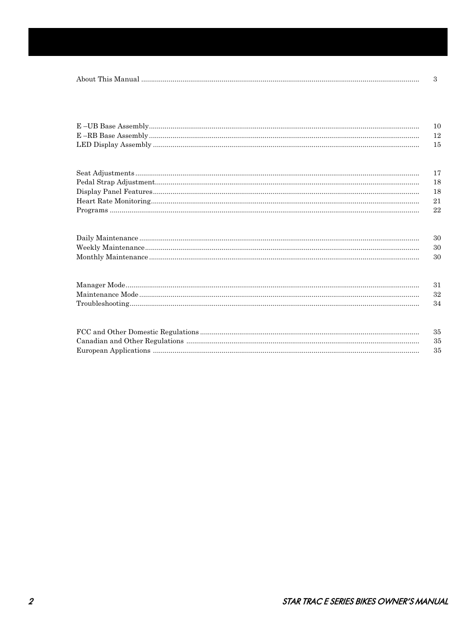Able of, Ontents | Star Trac E SERIES BIKES E- UB 8100 User Manual | Page 2 / 36