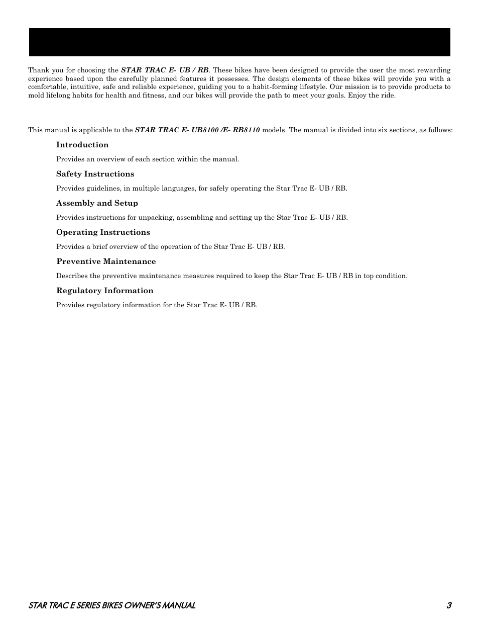 Ntroduction, About this manual | Star Trac E SERIES BIKES E- UB 8100 User Manual | Page 3 / 36