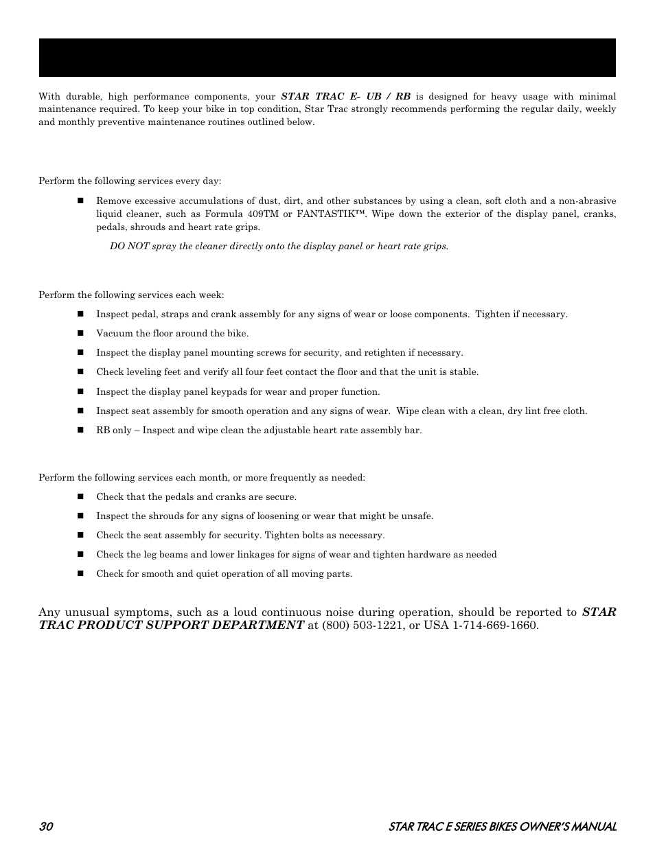 Reventive, Aintenance, Daily maintenance | Weekly maintenance, Monthly maintenance | Star Trac E SERIES BIKES E- UB 8100 User Manual | Page 30 / 36